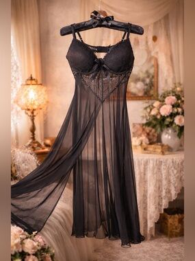 MAGIC SILK Exposed Long Black Sheer Lace Lingerie Gown – Sensual Mesh Size L